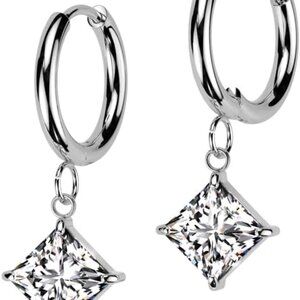 Stainless Steel CZ Diamond Shaped Dangling Huggie Hoop Earrings Pair